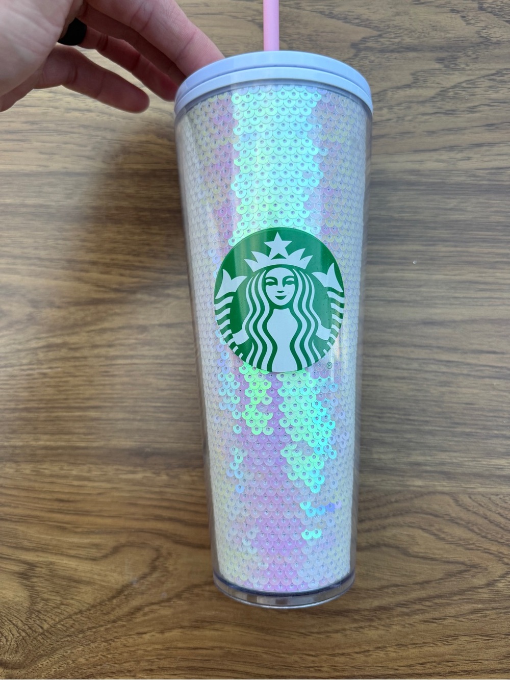 Starbucks Christmas Holiday White Iridescent Sequin 24 oz Cold Cup Tumbler 2020